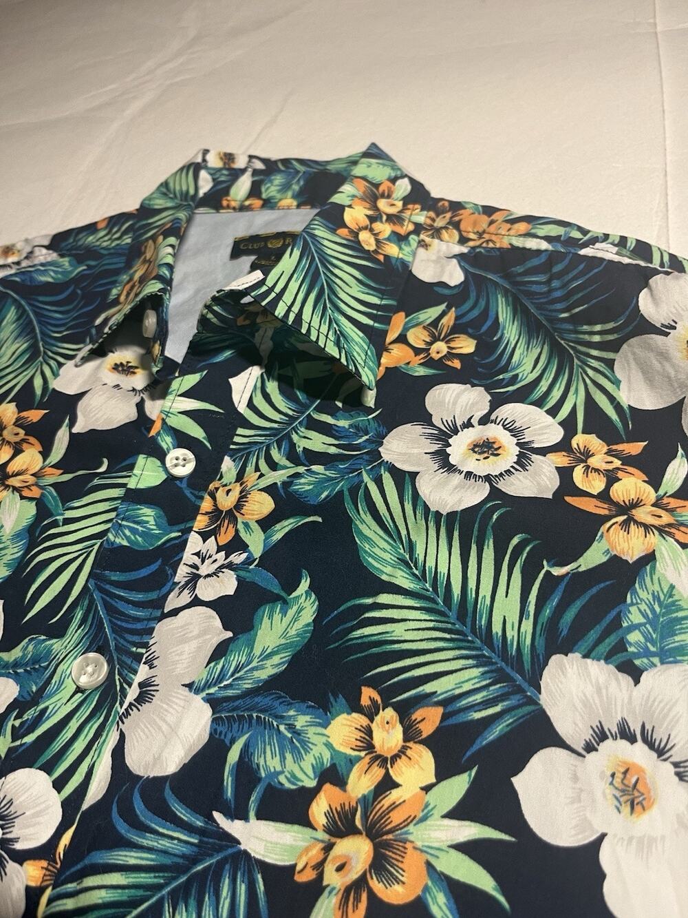 Club Room Men’s L Hawaiian Shirt Tropical Floral Palm Leaf Button Down Blue